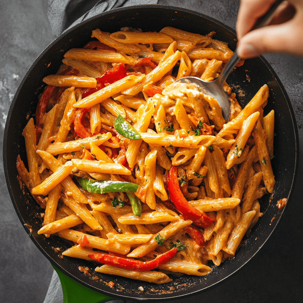 cooking rasta pasta in skillet