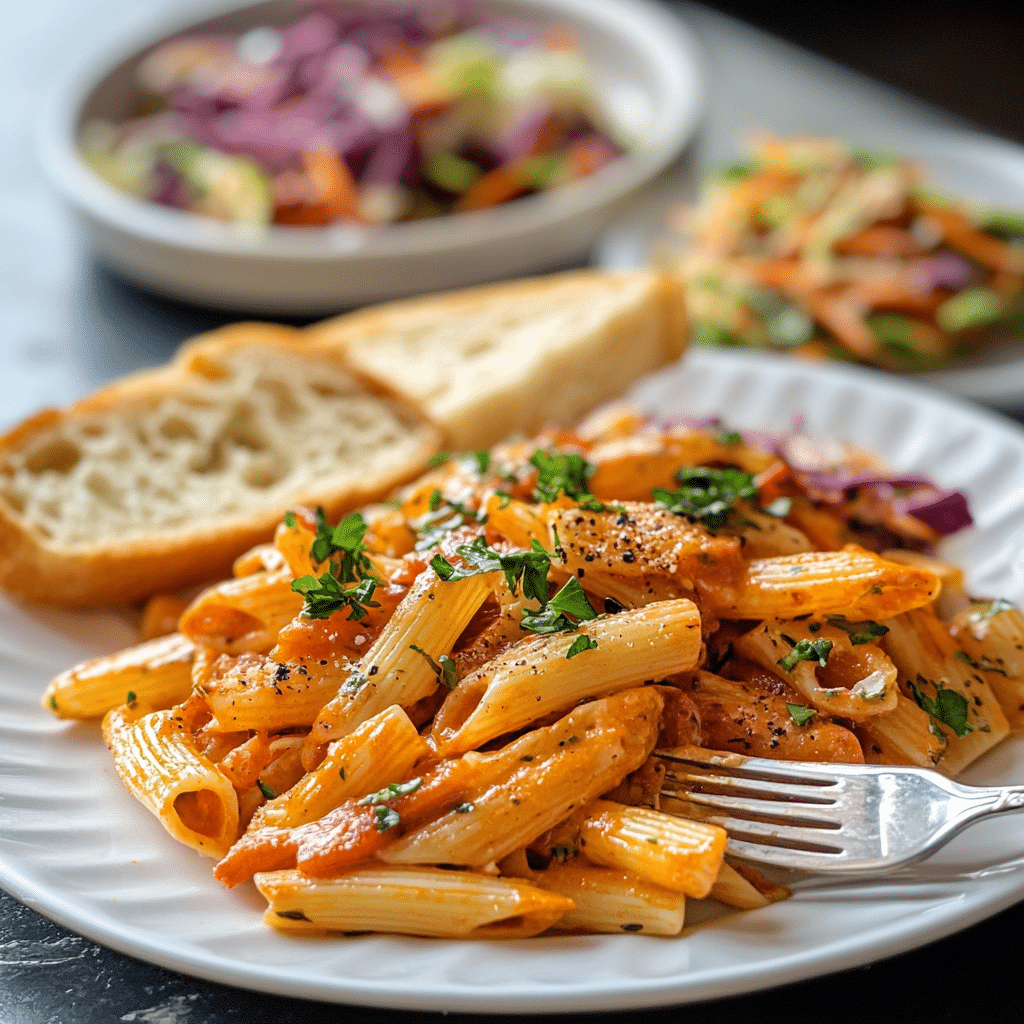 plated rasta pasta with garlic bread and slaw