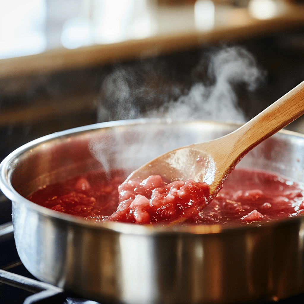 Rhubarb sauce cooking in saucepan