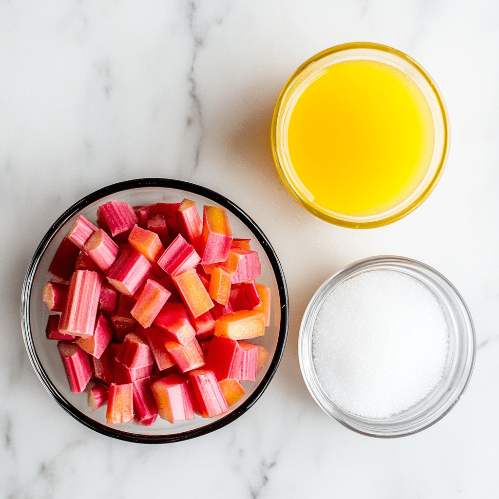 Ingredients for rhubarb sauce on counter