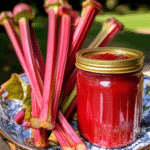 Rhubarb sauce in glass jar with fresh stalks