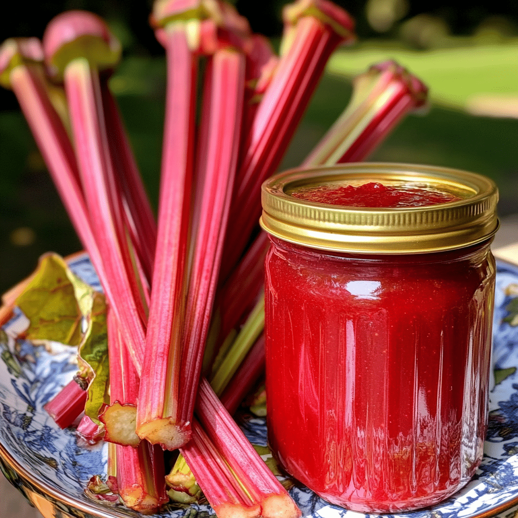 Rhubarb sauce in glass jar with fresh stalks