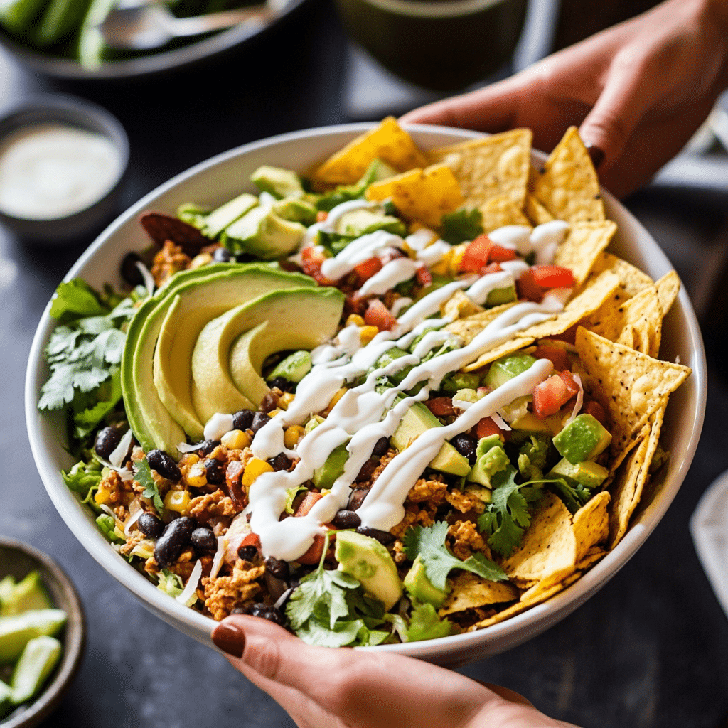Ground Chicken Taco Salad Recipe bowl with toppings being served