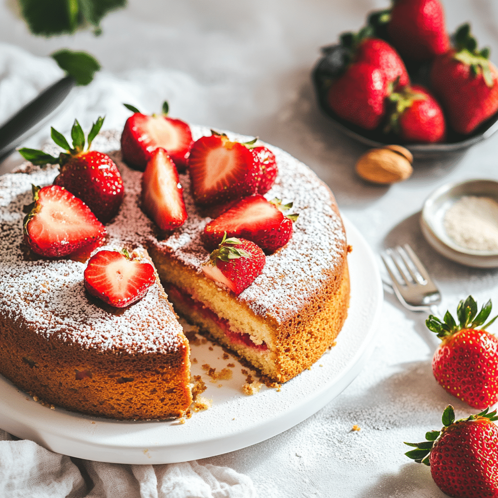 Simple no sugar no flour strawberry cake on white plate