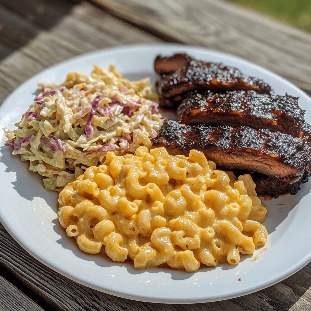 Plate of smoked mac and cheese with BBQ sides