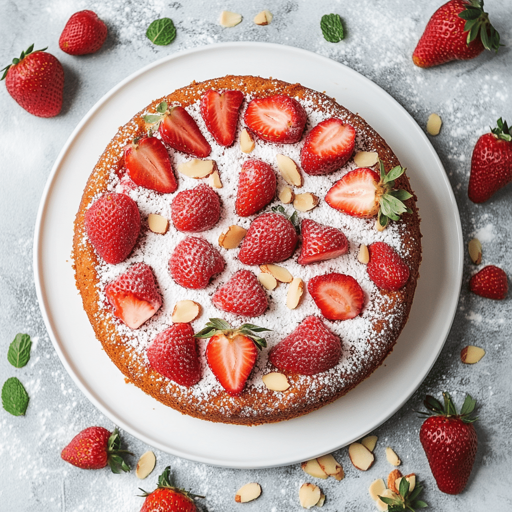 Simple no sugar no flour strawberry cake on white plate