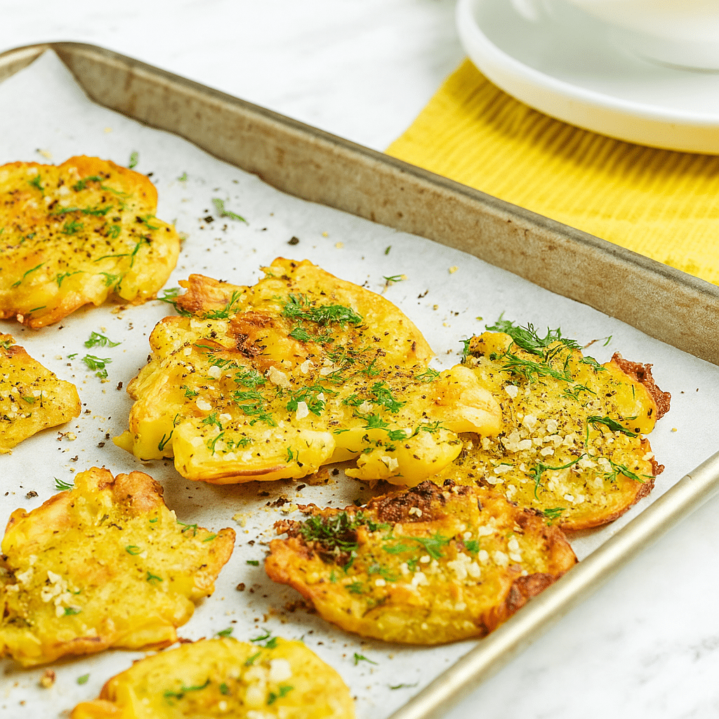 smashed fingerling potatoes on tray