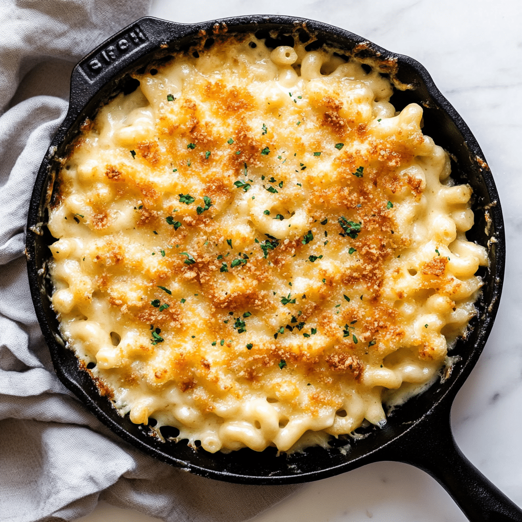 Smoked mac and cheese in cast iron skillet