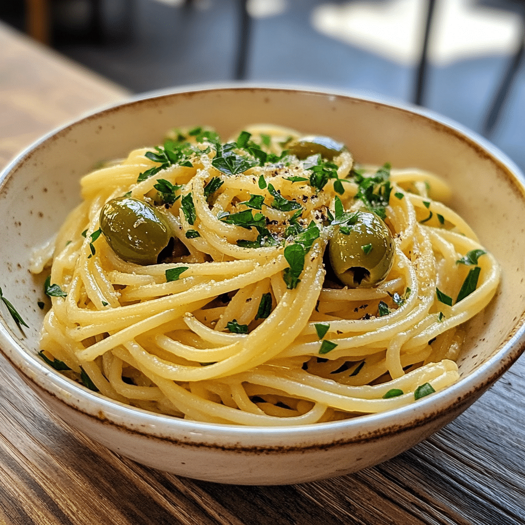 Spaghetti Aglio e Olio with Green Olives: A Bold Twist on a Classic