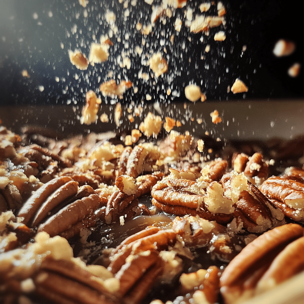 Sprinkling pecans over dump cake filling