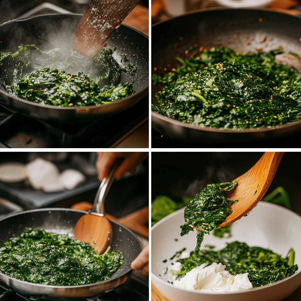 Mixing spinach with teriyaki sauce for the dip
