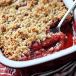 strawberry rhubarb crumble in rustic dish