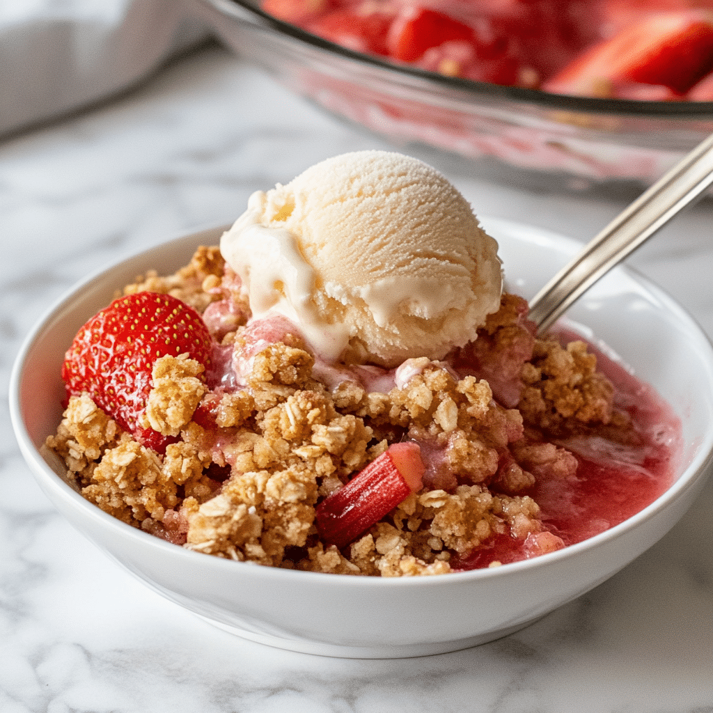 serving strawberry rhubarb crumble with ice cream
