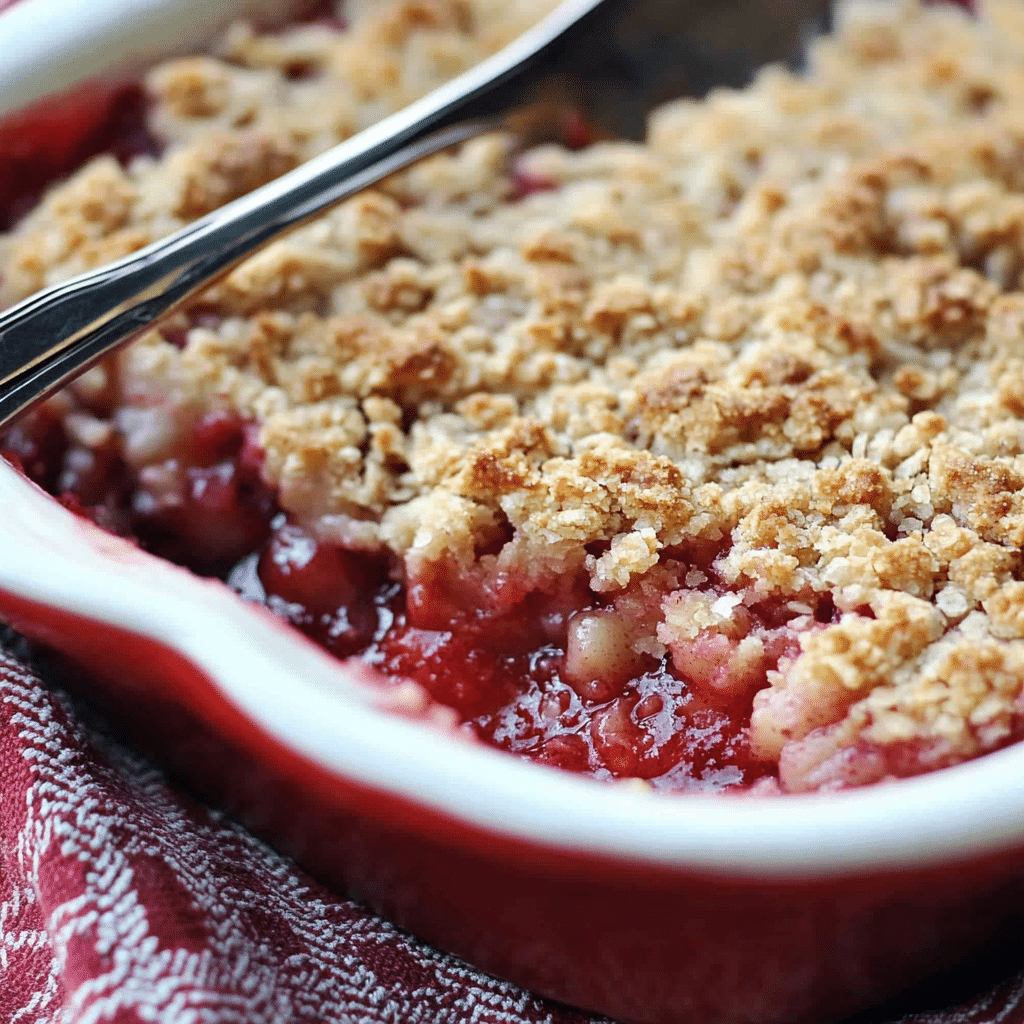 strawberry rhubarb crumble in rustic dish