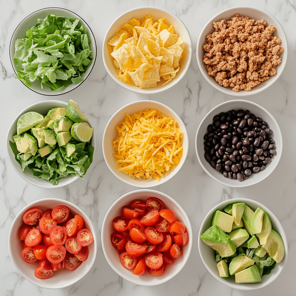 taco salad ingredients in prep bowls