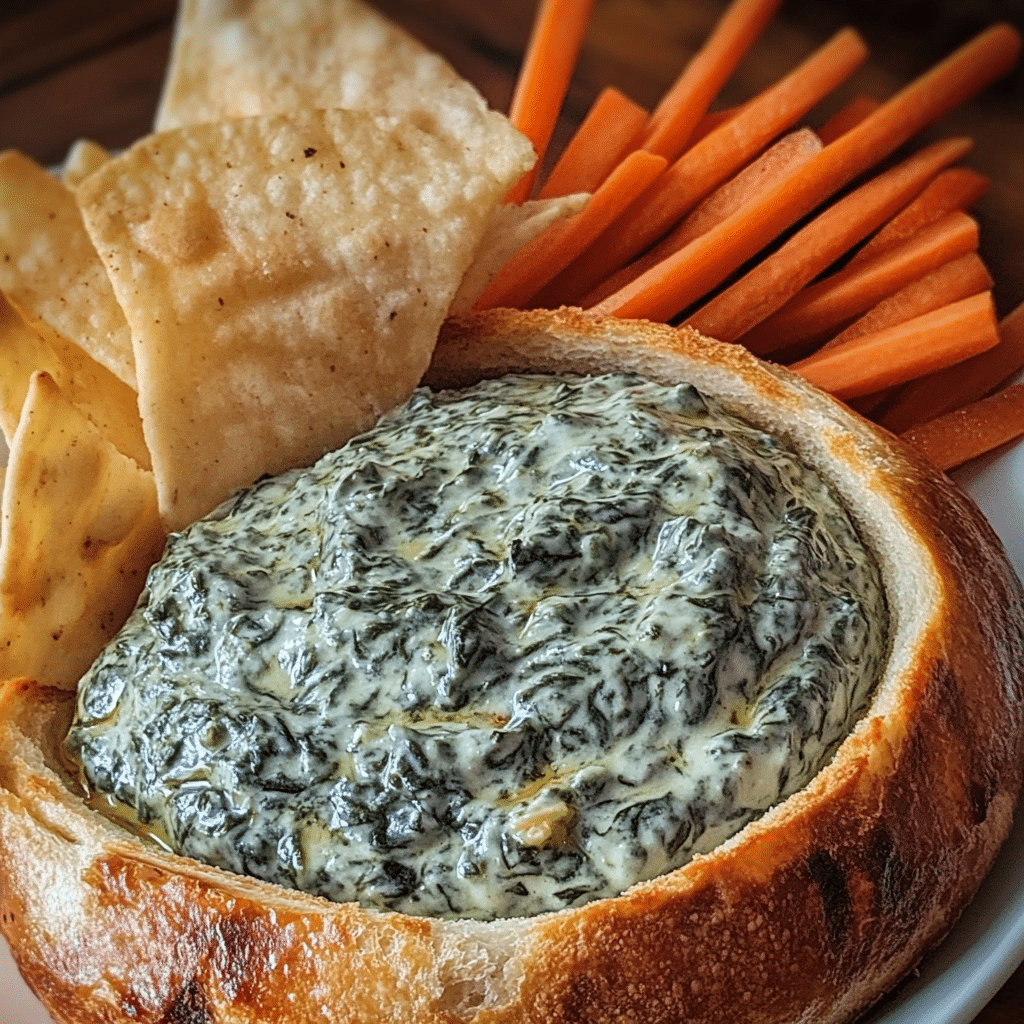Teriyaki spinach dip in a bread bowl with chips and vegetables
