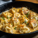 Viral one pan dumplings recipe in a skillet with creamy red curry sauce