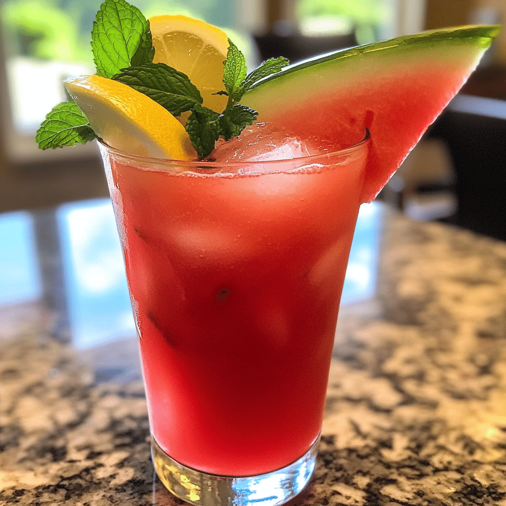Watermelon Lemonade Mocktail in tall glass with mint and lemon
