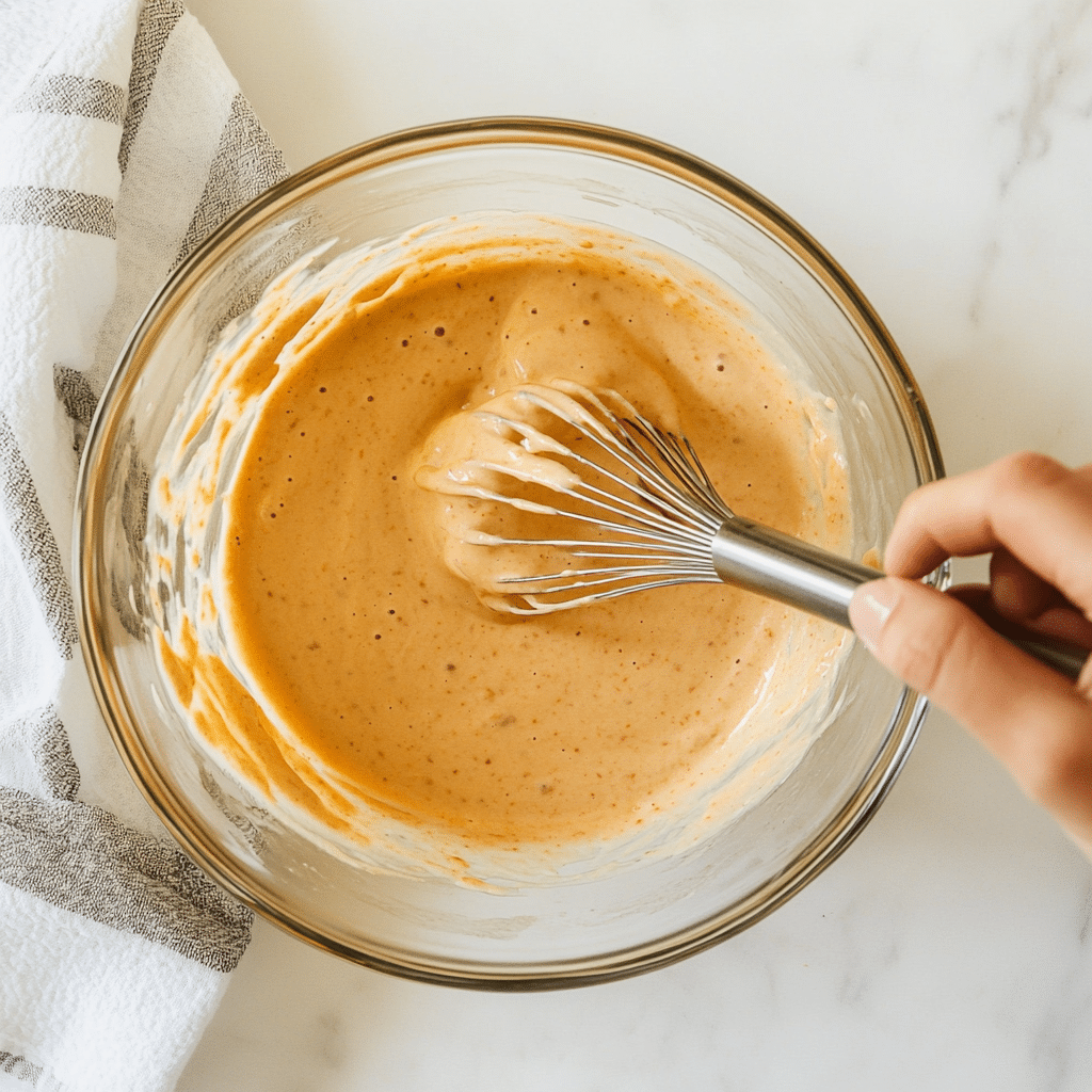 Whisking bang bang sauce in a bowl