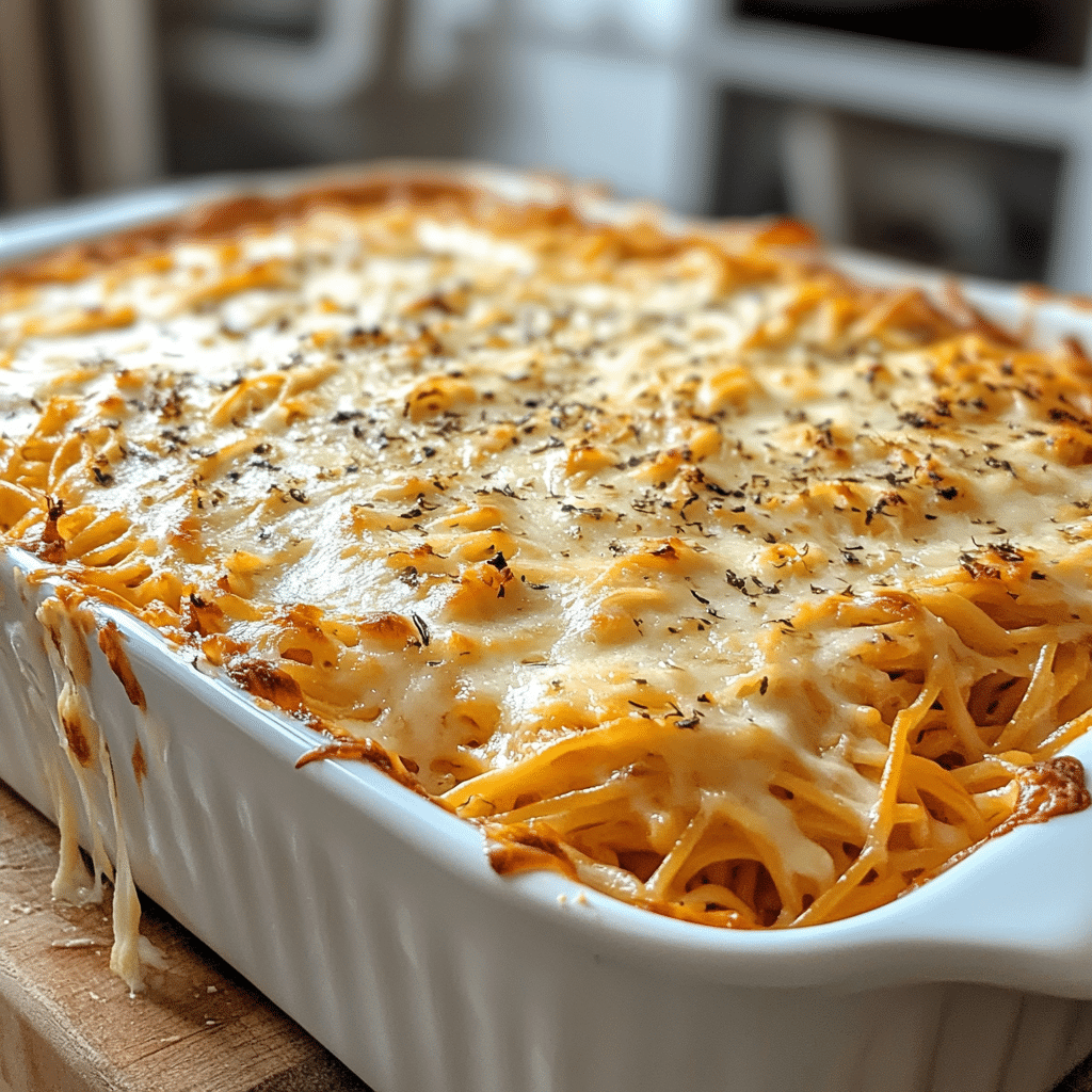 baked cream cheese spaghetti casserole with golden topping