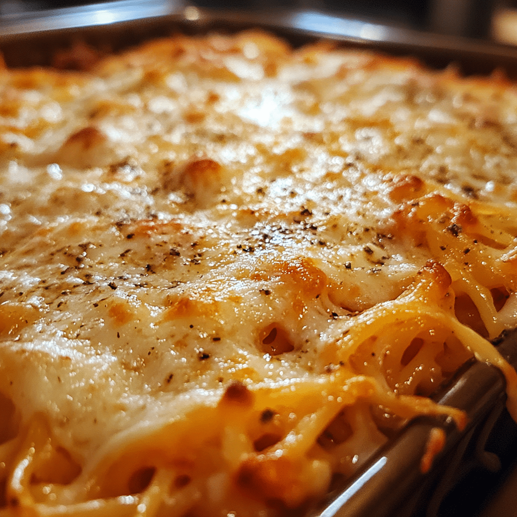 golden cheese topping on baked spaghetti casserole