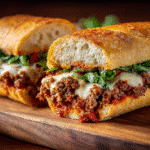 Guinea Grinder sandwich recipe on rustic board