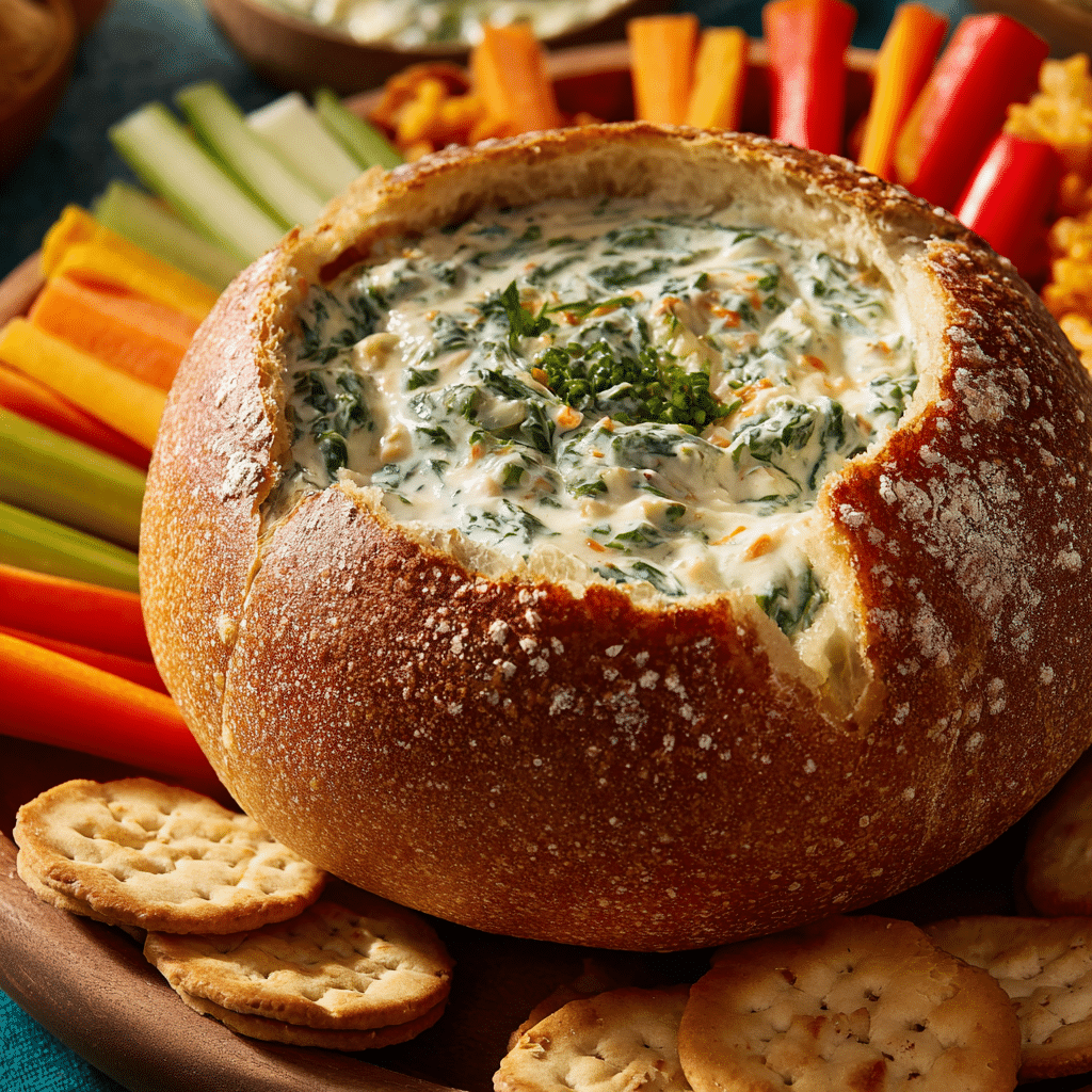 Knorr spinach dip recipe served in a bread bowl with veggies