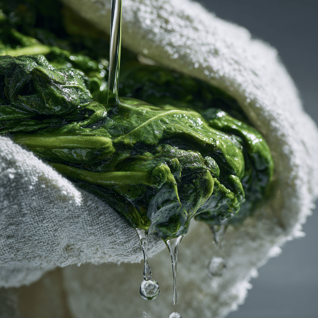 Thawed spinach being squeezed dry for Knorr spinach dip recipe