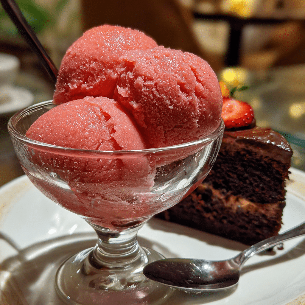 Serving Ninja Creami Strawberry Sorbet with cake
