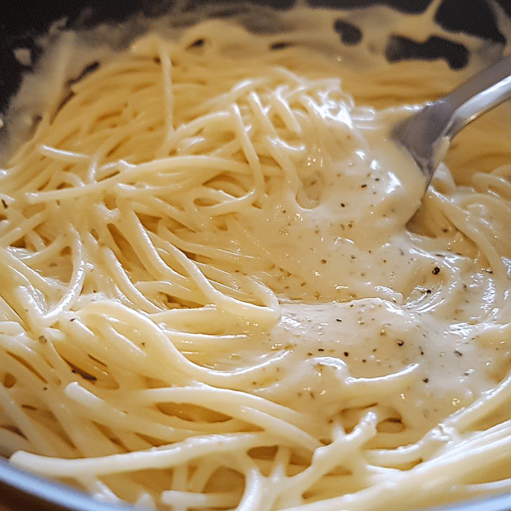 spaghetti tossed in cream cheese sauce for casserole