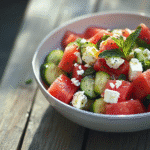 Watermelon cucumber feta mint salad served in a white bowl