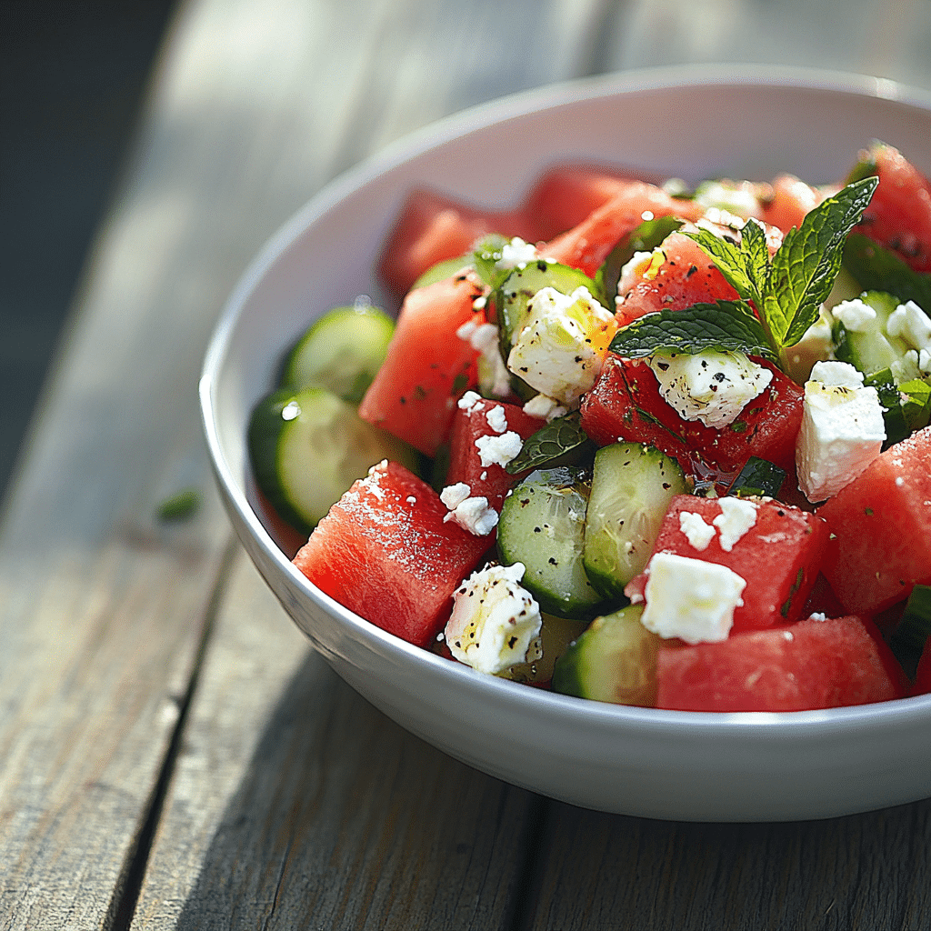 Watermelon cucumber feta mint salad served in a white bowl