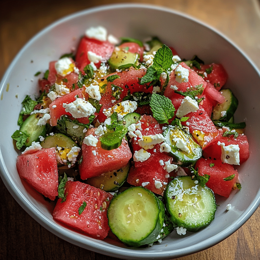 Watermelon cucumber feta mint salad served