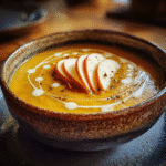 creamy butternut squash soup with apple recipe in rustic bowl