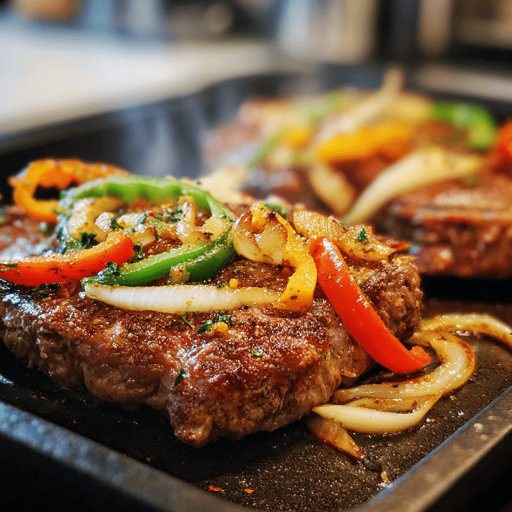 cooking Philly cheesesteak with onions and peppers on griddle