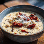 creamy marry me chicken soup in rustic bowl