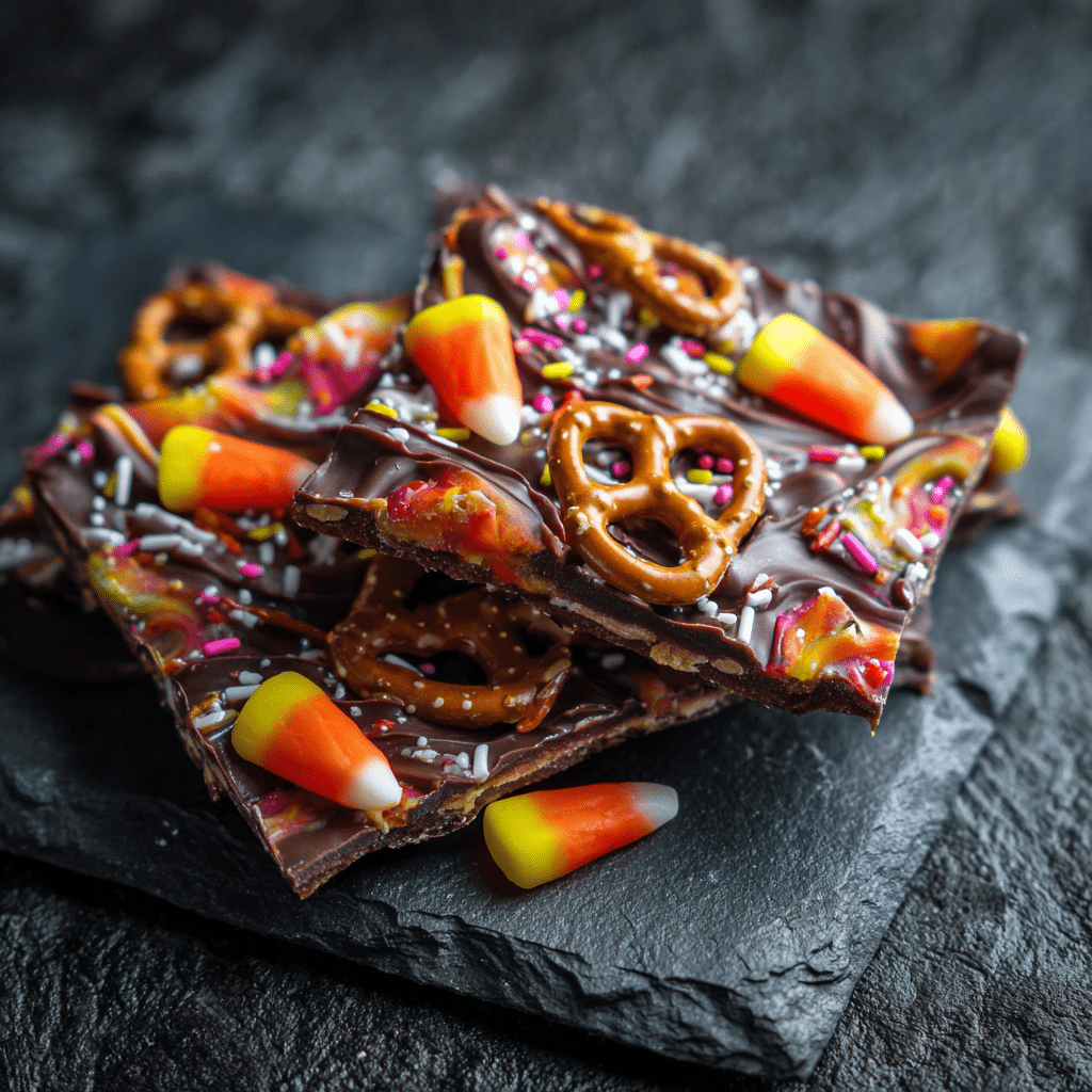 Halloween candy bark recipe close-up with colorful toppings
