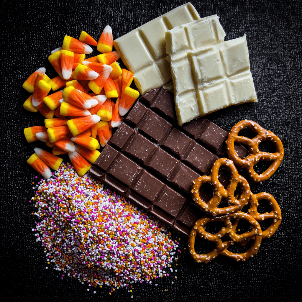 Halloween candy bark recipe ingredients on dark background