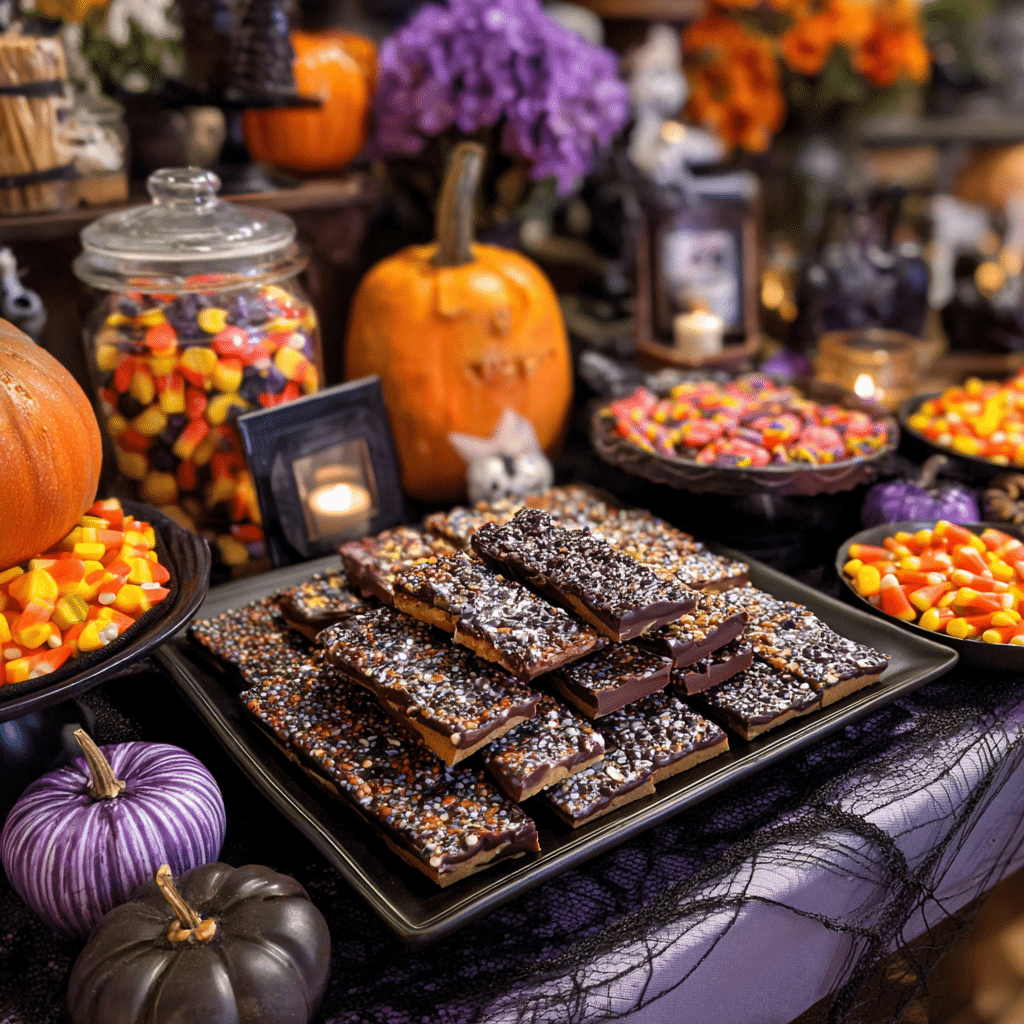 Halloween candy bark recipe served on festive dessert table