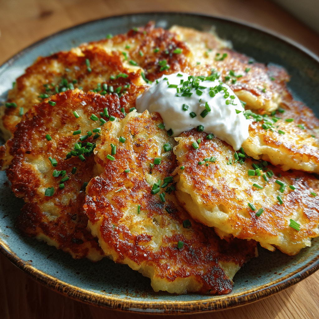 Crispy mashed potato pancakes recipe stacked with sour cream