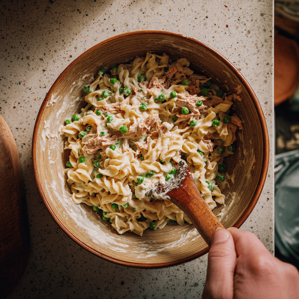 mixing ingredients for easy tuna casserole recipe