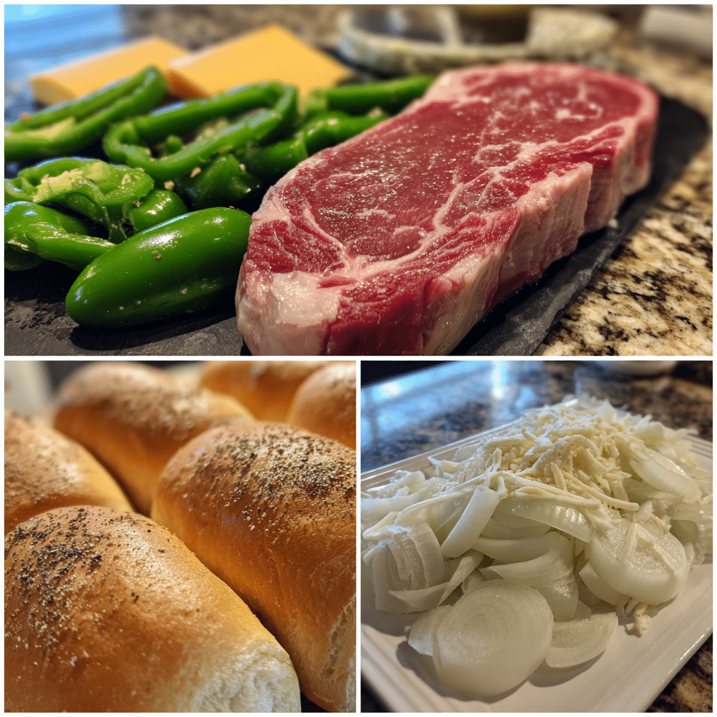 Philly cheesesteak ingredients onions peppers ribeye provolone