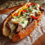 Philly cheesesteak recipe with onions and peppers sandwich close-up