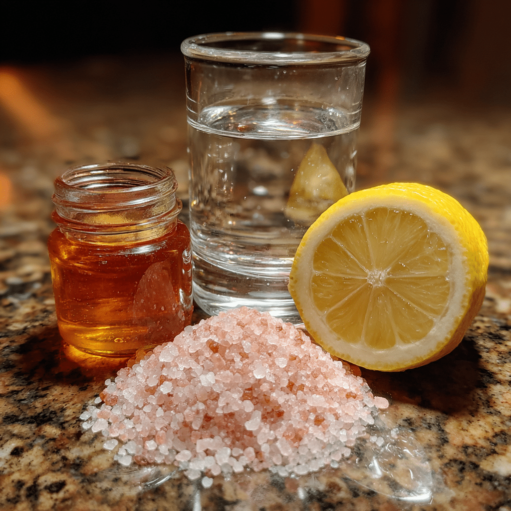 Ingredients for pink salt trick recipe with Himalayan salt and lemon