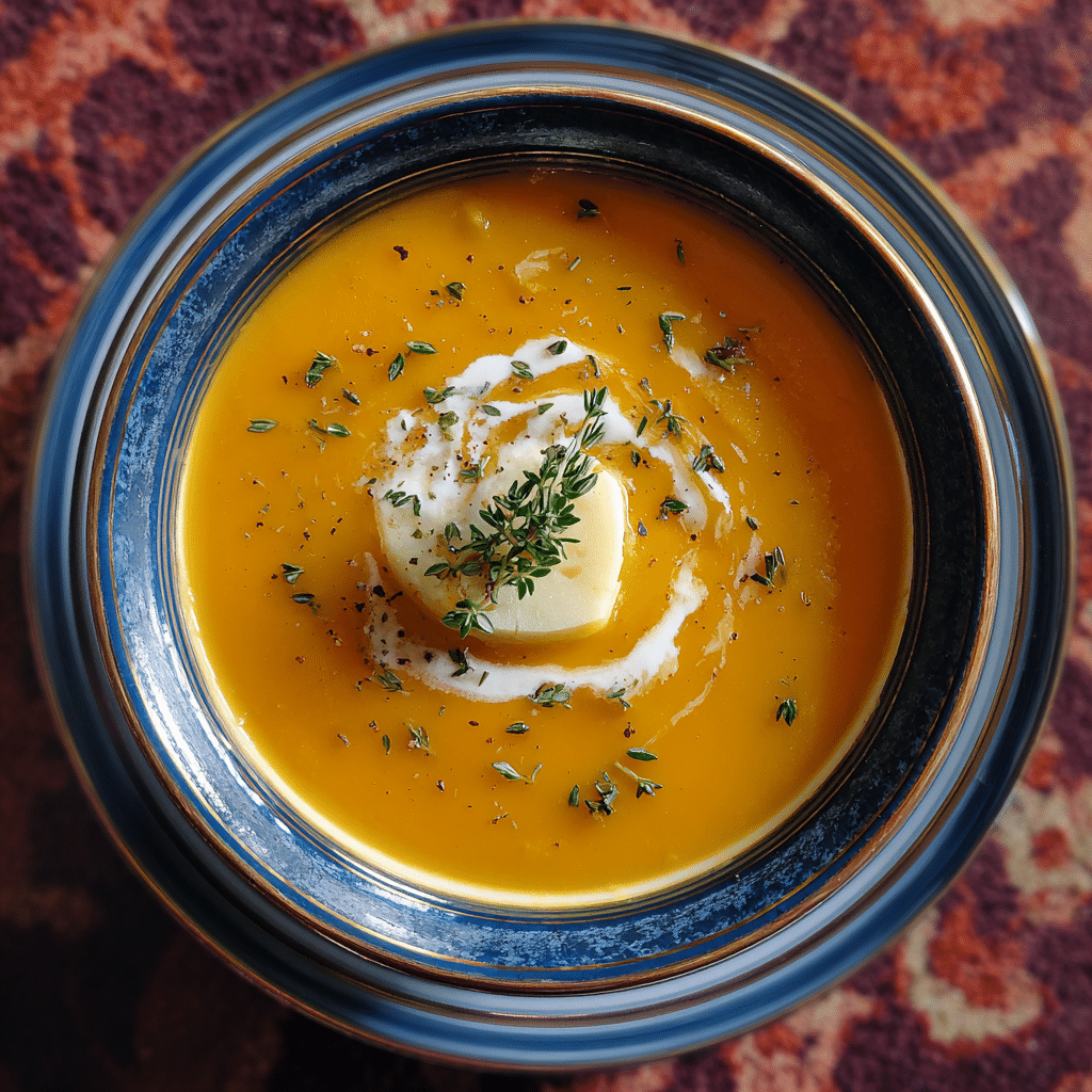 serving of butternut squash soup with apple recipe garnished beautifully