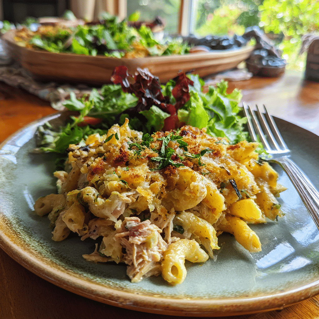 serving of easy tuna casserole recipe on plate with salad