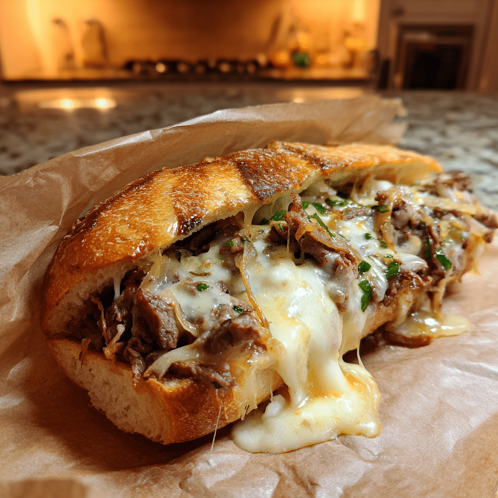 Hot and cheesy Philly cheesesteak served fresh and ready to enjoy.