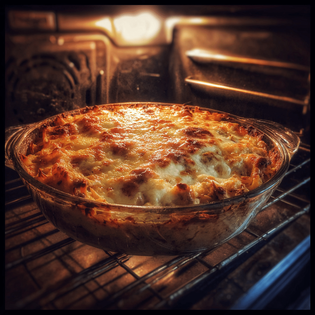 tuna casserole recipe baking in oven with bubbling cheese