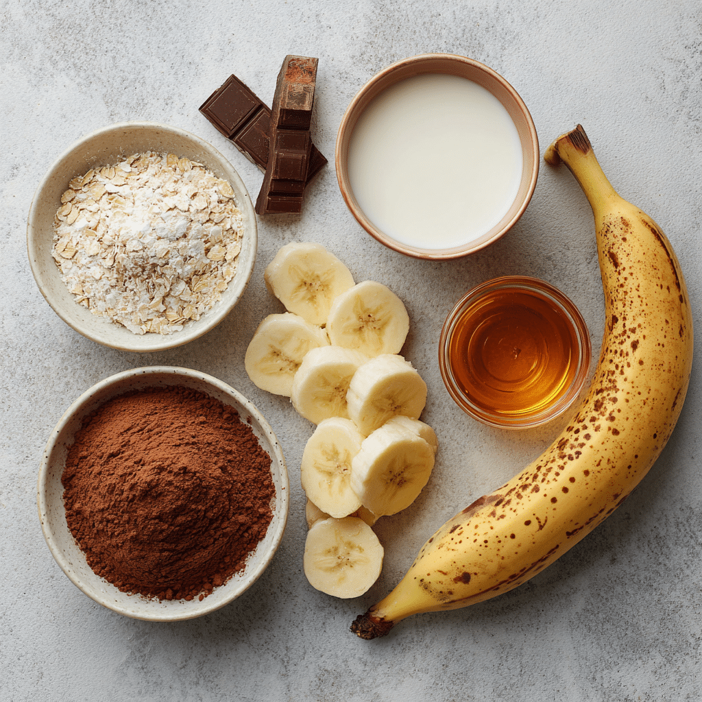 Ingredients for vegan chocolate milkshake with cocoa and oat milk