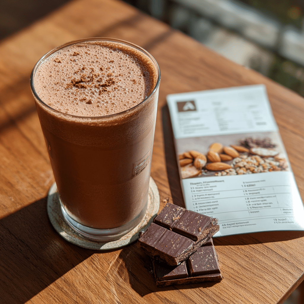 Vegan chocolate milkshake with nutrition information displayed
